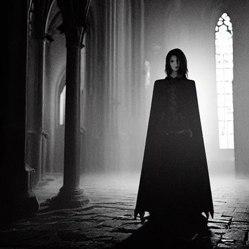 Prompt: mary elizabeth winstead as a vampire in a gothic cathedral at night, gloomy, gothic, ground mist, volumetric light.