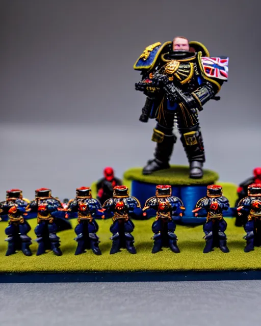 Image similar to british uk space marines guarding the queen, warhammer, high detailed, photography, cloudy, uk, plain, detailed face, look into the distance, serious face, full body, professional photographer, masterpiece, 5 0 mm, extremely detailed, 8 k