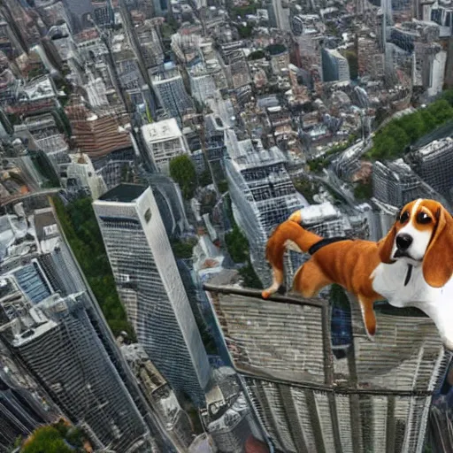 Image similar to gigantic 1 0 0 metres beagle walking over a city, epic scale