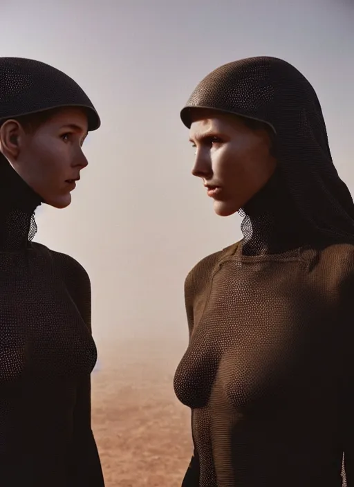 Prompt: cinestill 5 0 d photographic portrait by steve mccurry of two loving female androids wearing rugged black mesh techwear on a desolate plain of existence, extreme closeup, cyberpunk style, dust storm, 8 k, hd, high resolution, 3 5 mm, f / 3 2, ultra realistic faces, ex machina