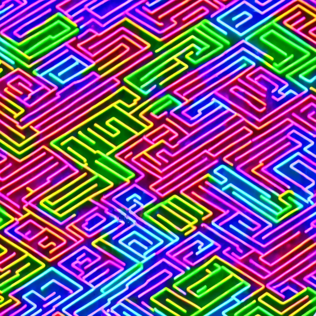 Prompt: wimmelbilder maze made of neon acrylic panels, isometric, very sharp, high contrast, product photography, beautiful highlights, light reflections