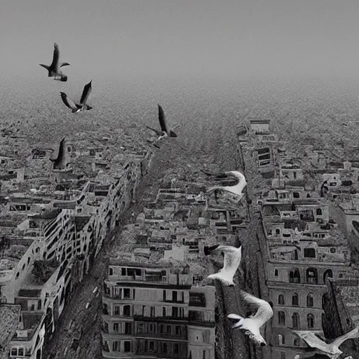 Image similar to pigeons bombing the city of Athens, black and white, extremely high detail, photorealistic, cinematic lighting, artstation, octane render, art by Zdzisław Beksiński