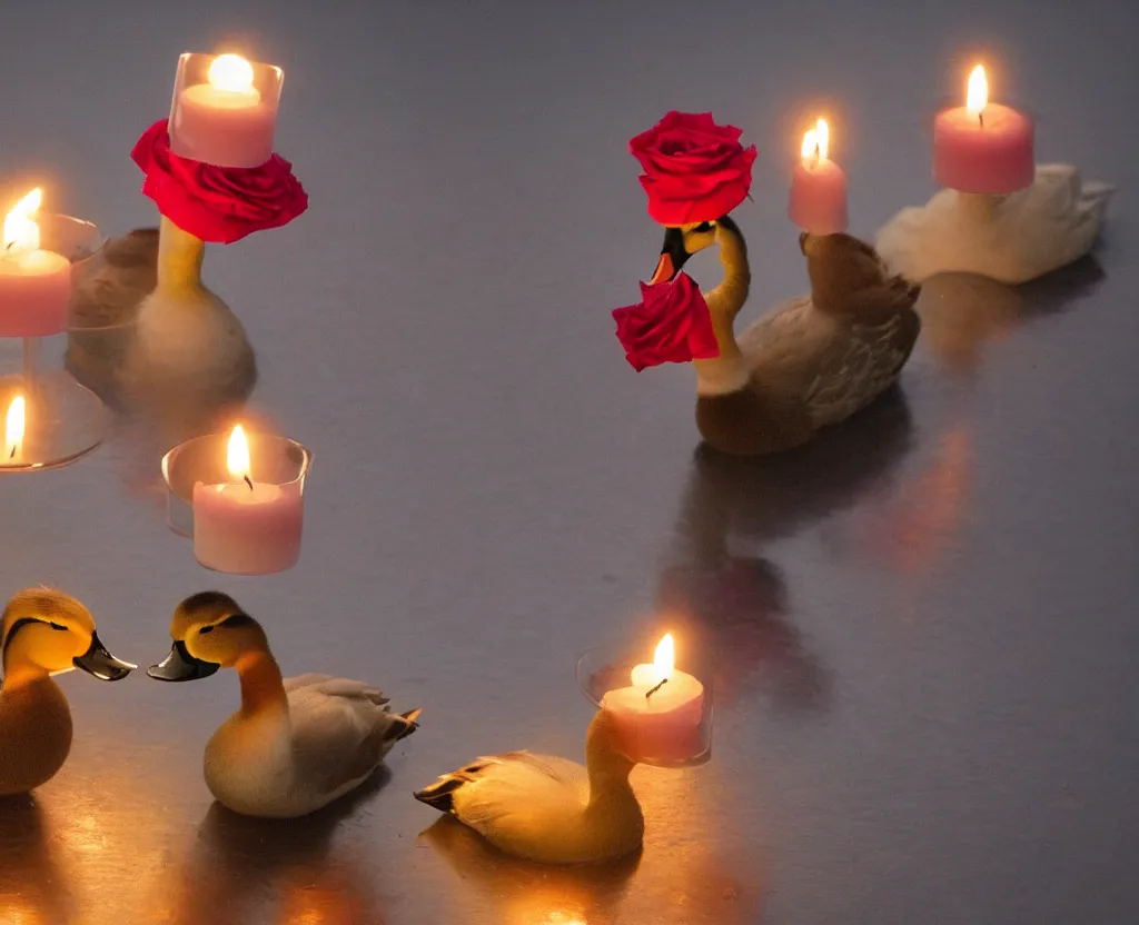 Prompt: two ducks with funny hats on their heads having a romantic dinner with candles champagne petals roses, hyperrealistic, focused, extreme details, masterpiece, 8 k, ultrahd, hd resolution