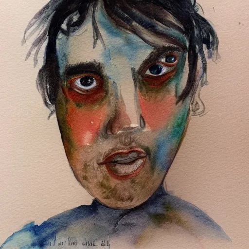 Prompt: a closeup portrait of a desperate face, water color