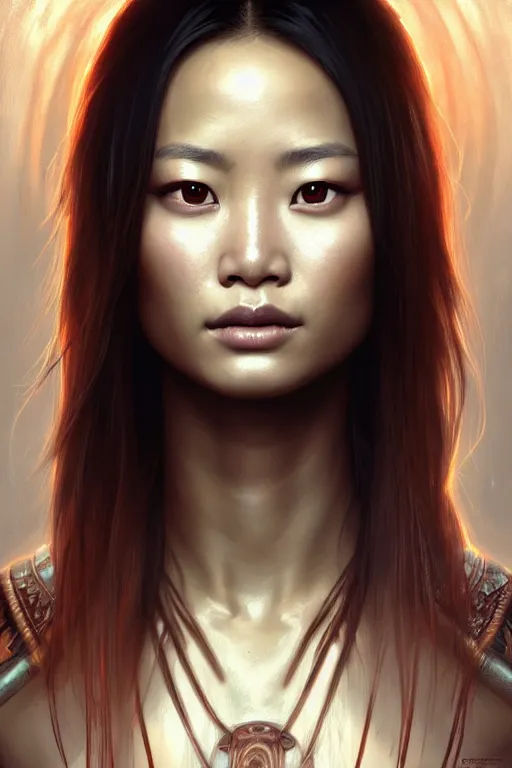 Image similar to symmetry!! portrait of jamie chung in the style of god of war, machine parts embedded into face, intricate, elegant, highly detailed, digital painting, artstation, concept art, smooth, sharp focus, illustration, art by artgerm and greg rutkowski and alphonse mucha, 8 k