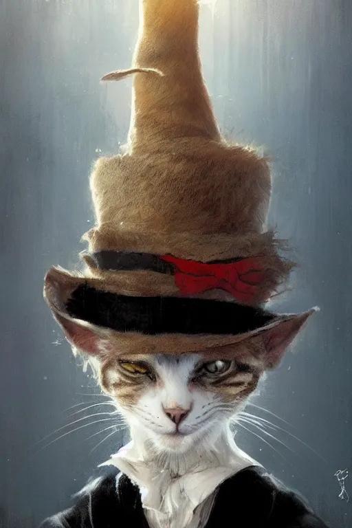 Prompt: the cat in the hat, scary, concept art by greg rutkowski