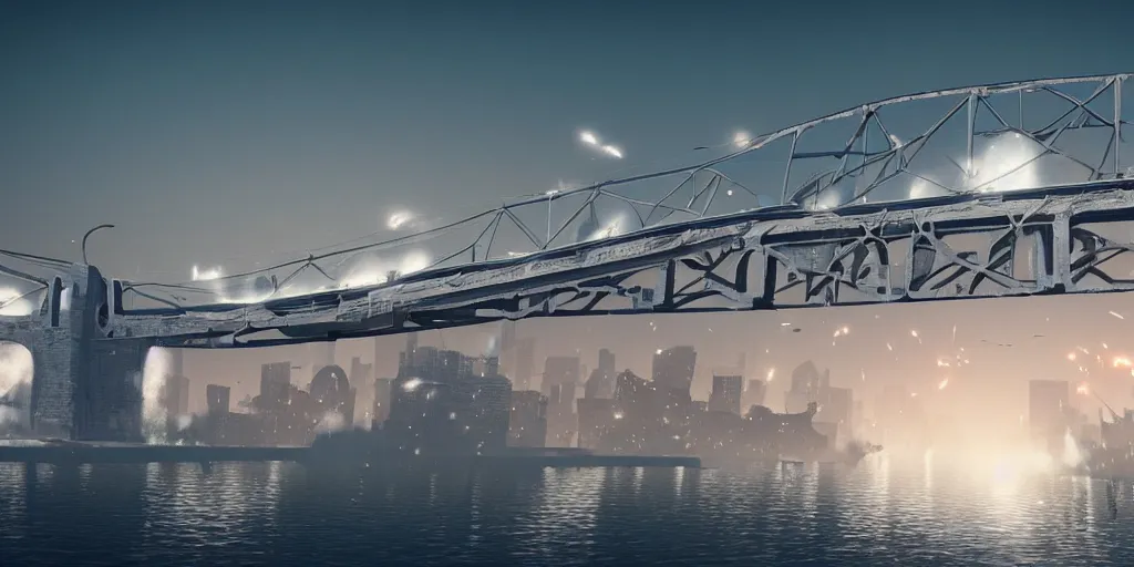 Image similar to explosions in the form of realistic white cotton plants on harbour bridge, huge white cotton everywhere on the destroyed harbour bridge, smooth, sharp focus, highly detailed, 3 d octane render, epic lighting, lots of white cotton, 8 k, by rhads