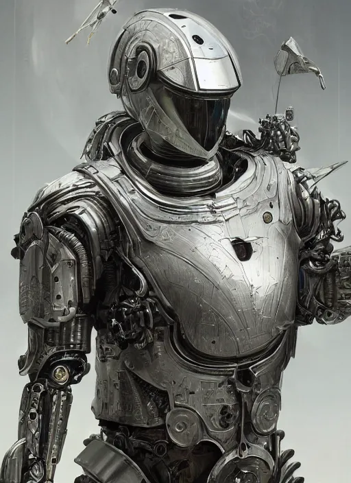 Image similar to portrait of a futuristic silver armored knight cyborg with mechanical very detailed space suit, modern fine art, fractal, intricate, elegant, highly detailed, digital photography, subsurface scattering, by jheronimus bosch and greg rutkowski,