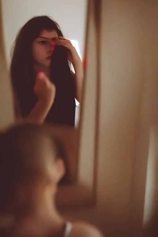 Image similar to photo from behind, girl looking in a mirror, 3 5 mm, bokeh, soft lighting, colors,