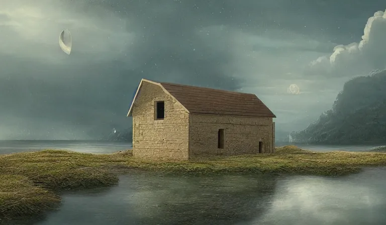 Prompt: A serene landscape with a singular building in the style of matte painting
