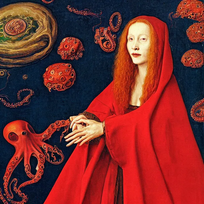 Image similar to a closeup portrait of a cloaked woman floating next to an octopus nebula, octopus nebula, by jan van eyck