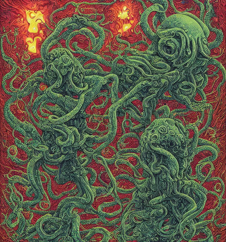 Prompt: cthulhu by james jean, by jacek yerka, bioluminescence, rainbow, lovecraftian, masterpiece, cosmic horror, poster art, hyper detailed