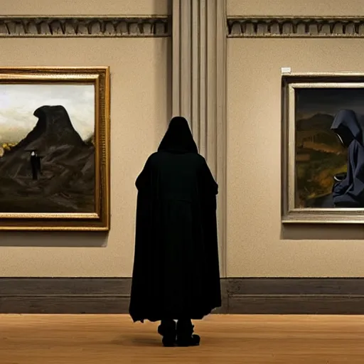 Image similar to the grim reaper standing stoic in black robe, holding scythe, waiting patiently, in a museum with paintings and people, perfect composition, by edmond leighton, simon stalenhag