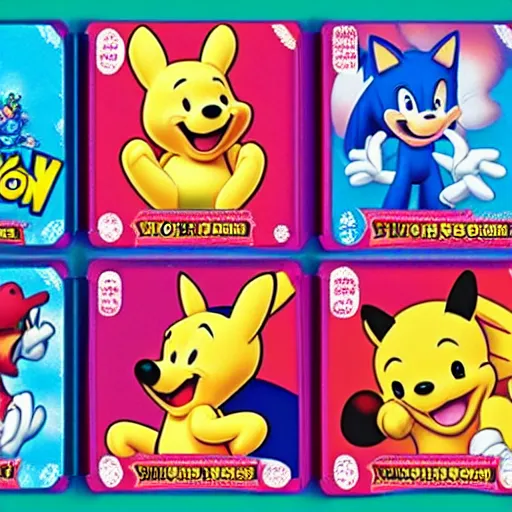 Image similar to photograph of winnie the pooh and super mario and sonic the hedgehog anime style, on pokemon card packs at target