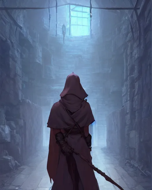 Prompt: a hooded adventurer standing in a dungeon. atmospheric lighting, 8 k. by makoto shinkai, stanley artgerm lau, wlop, rossdraws, james jean, andrei riabovitchev, marc simonetti, krenz cushart, sakimichan, d & d trending on artstation, digital art.