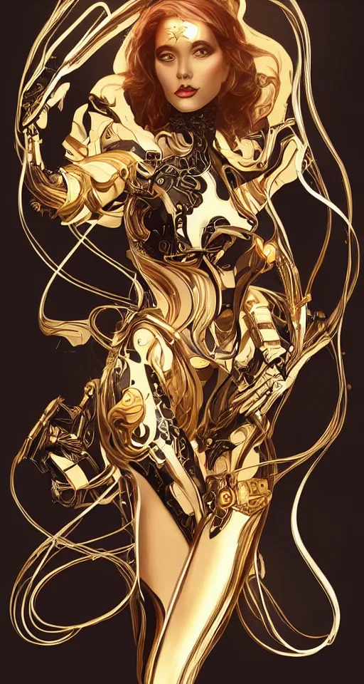 Image similar to beauty art nouveau woman, black and gold robotic, trending on artstation, by Artgerm