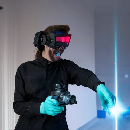 Prompt: a scientist standing in a dark room wearing goggles looks ecstatic while testing out the new laser gun prototype by firing it