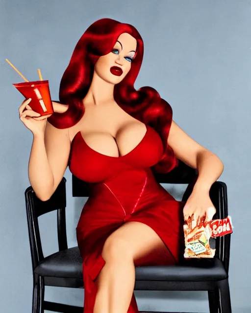 Prompt: Jessica Rabbit wearing red cocktail dress eating a bag of Doritos, sitting on a chair, photograph