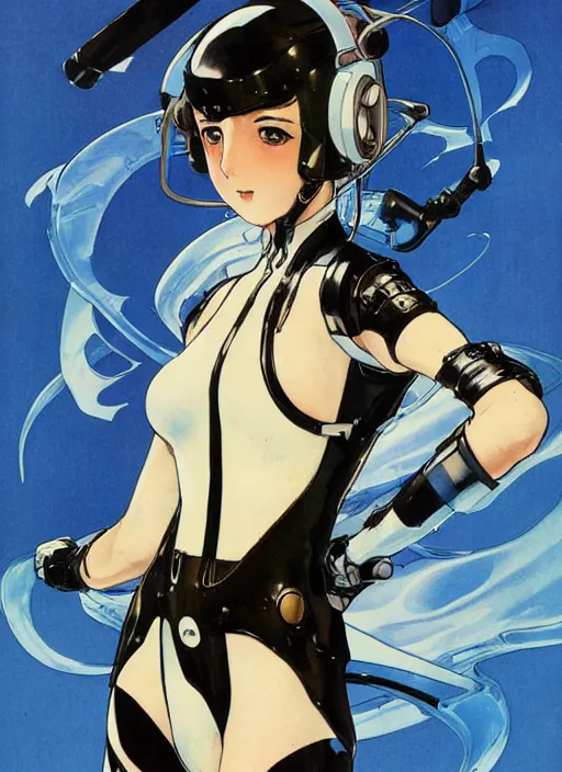 Image similar to a copic maker art nouveau manga cover portrait of an anime pale edgy girl on a futuristic latex pilot suit by john berkey norman rockwell