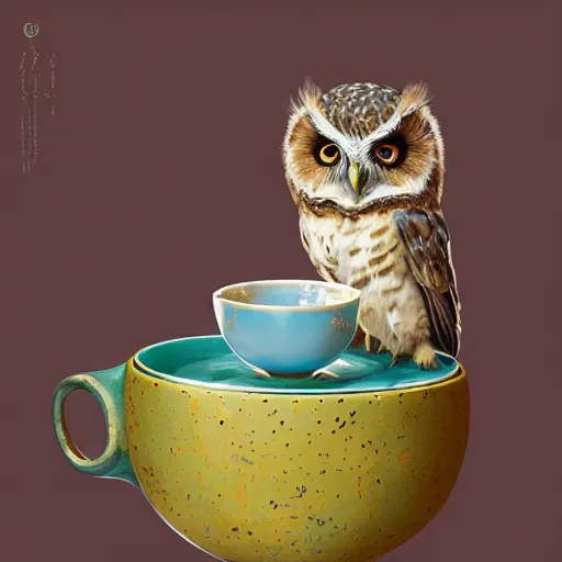 Image similar to long shot of a very cute owl chick sitting inside a very beautiful cup, by esao andrews, by james jean, marc simonetti, by victo ngai, humorous illustration, hyperrealistic, big depth of field, fresh colors, dim light, 3 d octane render conceptart, 4 k, hyperdetailed, trending on artstation