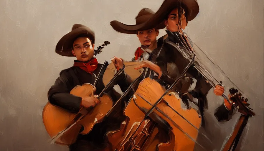 Image similar to mariachi, cinematic shot, concept art oil painting by jama jurabaev, extremely detailed, brush hard, artstation, high quality, brush stroke