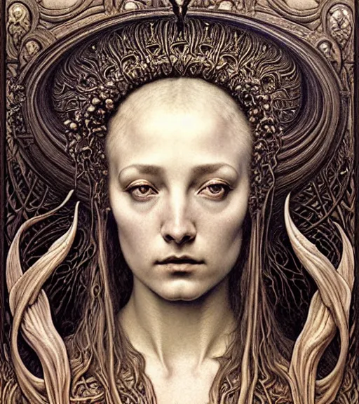 Image similar to detailed realistic beautiful young medieval alien queen face portrait by jean delville, gustave dore and marco mazzoni, art nouveau, symbolist, visionary, gothic, pre - raphaelite, iridescent fractal details. horizontal symmetry by zdzisław beksinski, iris van herpen, raymond swanland and alphonse mucha. highly detailed, hyper - real, beautiful