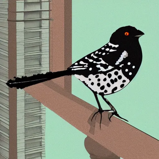 Prompt: a spotted towhee sitting on a marble balcony railing, vector graphic, six colors