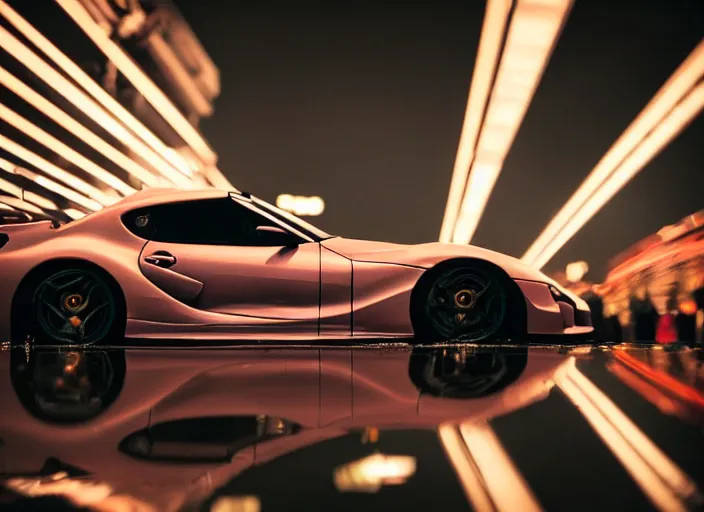 Prompt: symmetry!! close up macro shot of a toyota supra car on wet tokyo street at night, intricate, hyper detailed, smooth, high contrast, neon, volumetric lighting, octane, moebius, greg rutkowski, blade runner, ripley scott, cindmatic