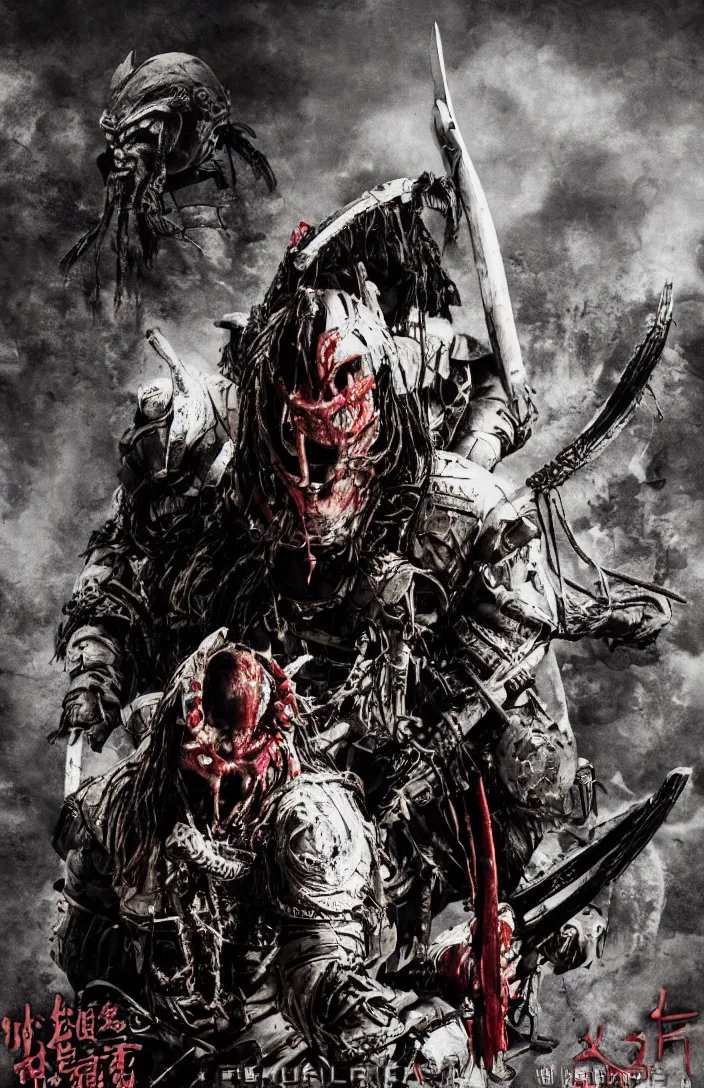 Image similar to movie film poster art for predator film shot in feudal japan staring hiroyuki sanada as a disgraced ronin who hunts down the predator after he fails to protect his master from it. in the style of ansel adams, reynold brown, h. r. geiger.