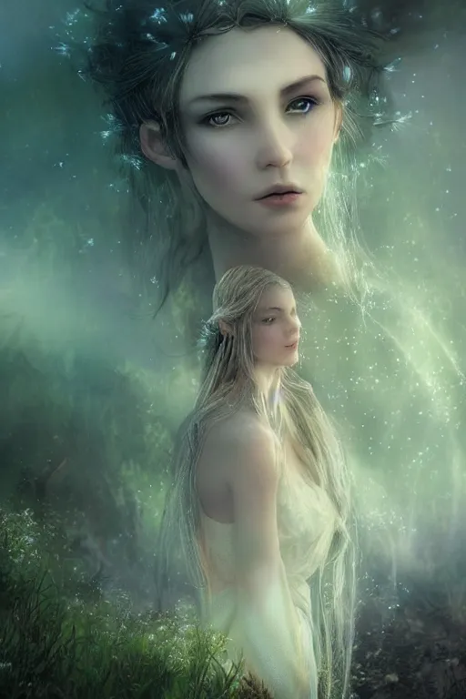 Prompt: gorgeous awe - inspiring fairy appears from a misty landscape, beautiful facial features, disintegrated dandelion flower in a soft breeze, fantasy concept art, realistic face and skin tone, mystical, smooth, sharp focus, volumetric lighting, in the style of the lord of the rings, artstation, cinematic color grading