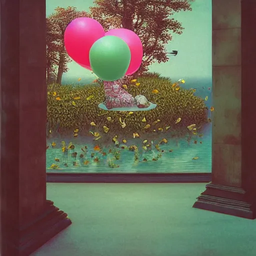 Image similar to liminal spaces, party balloons, checkered pattern, David Friedrich, award winning masterpiece with incredible details, Zhang Kechun, a surreal vaporwave vaporwave vaporwave vaporwave vaporwave painting by Thomas Cole of an old pink mannequin head with flowers growing out, sinking underwater, highly detailed