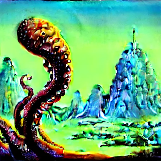 Image similar to highly detailed fantasy art of an alien cephalopod creature in a surreal landscape filled with mountains and mist, diffuse lighting by roger dean, kilian eng, mœbius