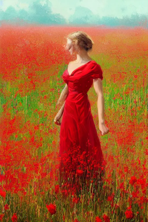 Prompt: a painting of a woman in a flower dress standing in a field of red flowers by craig mullins, trending on artstation, color field, concept art, artstation hd, matte drawing