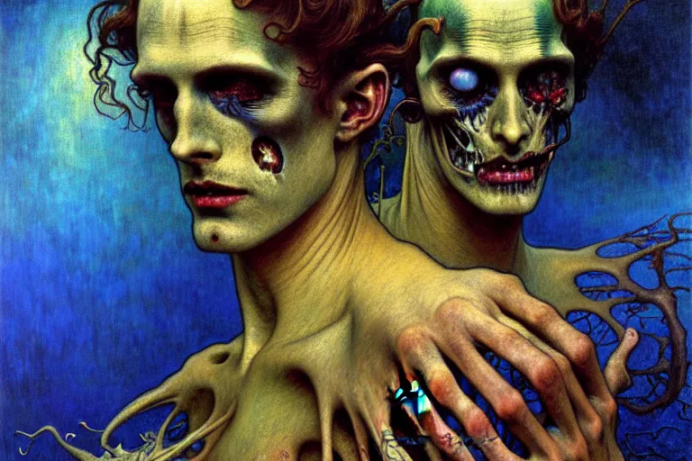 Image similar to realistic detailed portrait painting of a beautiful male zombie, nightly graveyard landscape background by Jean Delville, Amano, Yves Tanguy, Alphonse Mucha, Ernst Haeckel, Edward Robert Hughes, Roger Dean, masterpiece, cinematic composition, dramatic pose, 4k details, rich moody colours, blue eyes