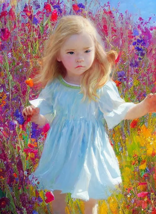 Image similar to a cute little girl with golden blonde hair and blue eyes standing in a field of colorful wildflowers wearing a sky blue summer dress. detailed face. beautiful painting by ruan jia