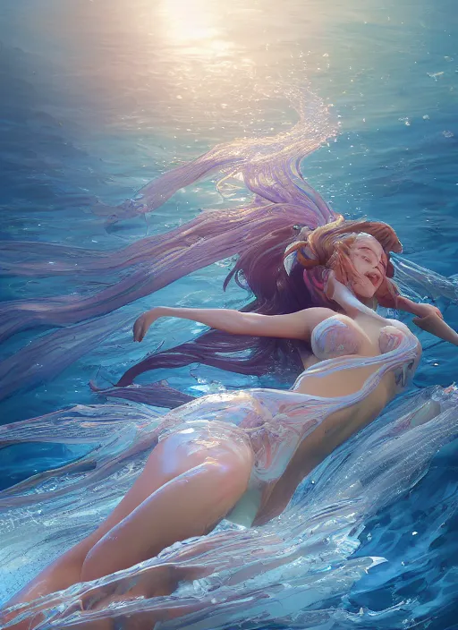 Image similar to high intricat fluid mermaids, maria panfilova, andrea savchenko, mike kime, ludovic plouffe, qi sheng luo, oliver cook, makoto shinkai, trending on artstation