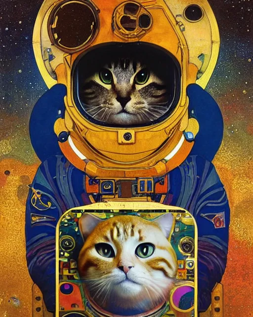 Image similar to cosmonaut cat portrait an oil painting splashes with many colors and shapes by gustav klimt greg rutkowski and alphonse mucha, polycount, generative art, psychedelic, fractalism, glitch art