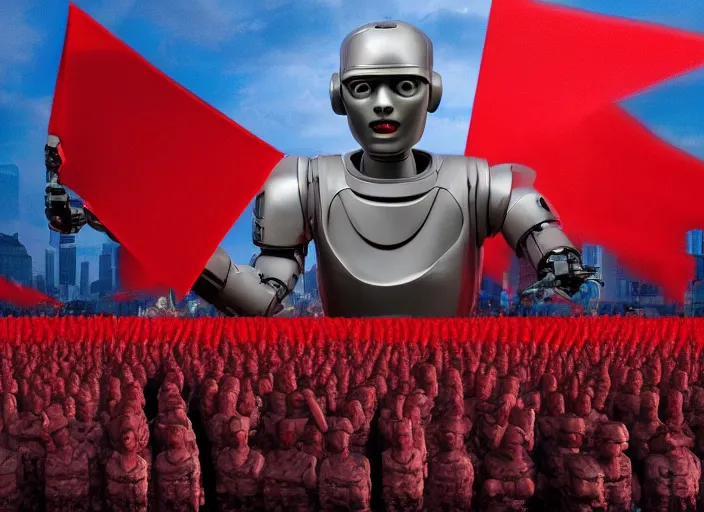 Image similar to dystopian art, humanoid robot dictator giving a propaganda speech to human like robots surround by two large red flags with robot heads on them