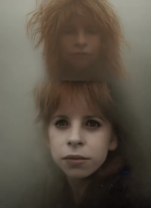 Prompt: Young Mylene Farmer, face centered portrait of young Mylene Farmer, Confident, fog, rain, volumetric lighting, beautiful, golden hour, sharp focus, ultra detailed, cgsociety by Leesha Hannigan, Ross Tran, Thierry Doizon, Kai Carpenter, Ignacio Fernández Ríos, noir art house, 4k, 35mm, fujifilm