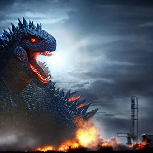 Image similar to godzilla attacking fukushima daiichi unit 4, dramatic lighting