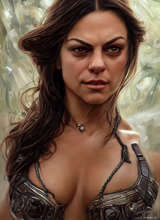 Image similar to muscled Mila Kunis grinning as a ruggedly handsome heroine, intricate, elegant, highly detailed, centered, artstation, concept art, smooth, sharp focus, illustration, bokeh art by artgerm and donato giancola and Joseph Christian Leyendecker, WLOP