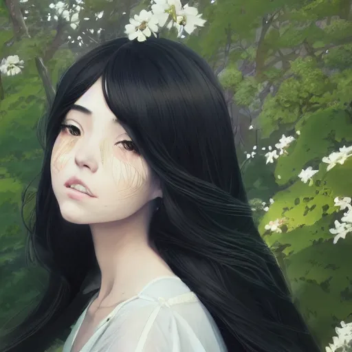 Image similar to a beautiful girl with long black hair, royal garden background, sharp focus, intricate, digital painting, artstation, highly detailed, ambient lighting, portrait by Studio Ghibli, Makoto Shinkai, Rossdraws, artgerm, Ilya Kuvshinov, and Greg Rutkowski