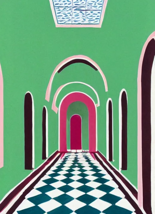 Image similar to a hockney painting of a hallway with round arches decorated by wes anderson