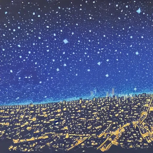 Image similar to night scene of a city. The darkness of the night is illuminated by artificial lighting. The sky is painted with cobalt blue, and shimmers with the light of stars.