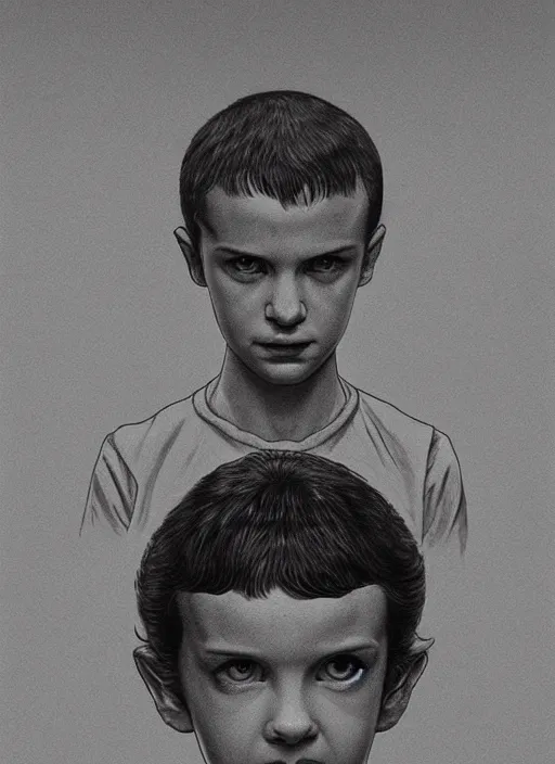 Prompt: eleven from stranger things, by yusuke murata, by dorian cleavenger, by zdzisław beksinski, trending on artstation