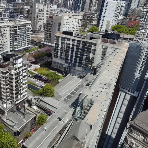 Prompt: A picture by a drone above a building with no roof, looking inside the apartment on the top floor