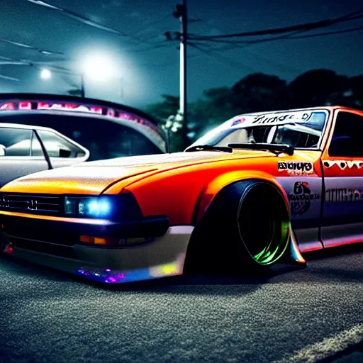 Image similar to a car S30 turbo drift at illegal car meet, Saitama prefecture, midnight mist lights, cinematic color, photorealistic, highly detailed wheels, highly detailed