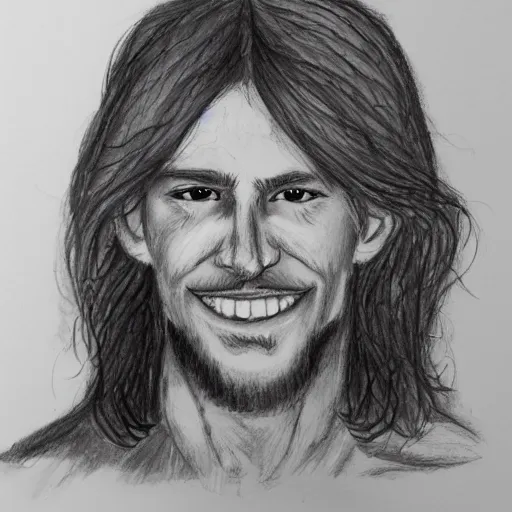 Prompt: sketch of a caucasian face, medium long hair, bad skin, skinny, blue eyes, smiling, climber