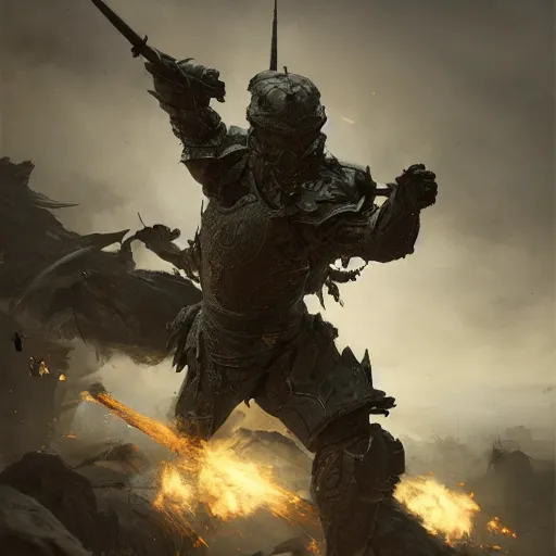 Prompt: soldier in dragon armor ravaging the battlefield, 8 k octane beautifully detailed render, post - processing, extremely hyper - detailed, intricate, epic composition, cinematic lighting, masterpiece, trending on artstation, masterpiece, stunning art by anders zorn, wonderful masterpiece by greg rutkowski, beautiful cinematic,