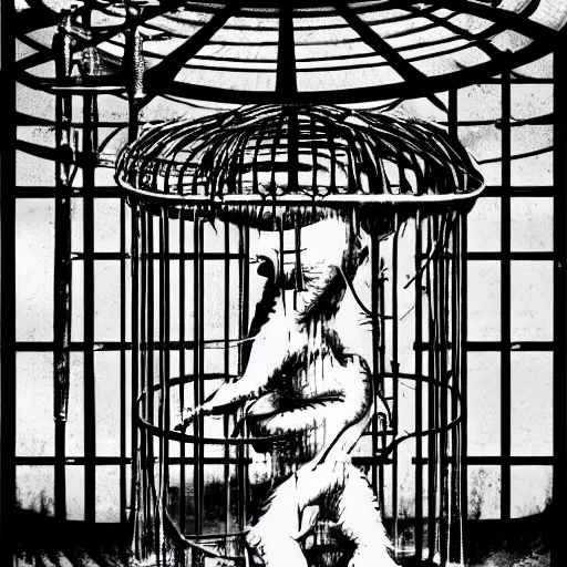 Image similar to creature locked in a cage being studied by scientists in a warehouse, 1 9 2 0's sci - fi, black and white, 8 k, highly ornate intricate details, extreme detail,